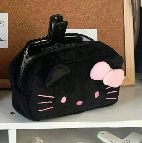 Cute black pink hello kitty oversized purse zipper pouch bag makeup pencil case - Picture 2 of 3